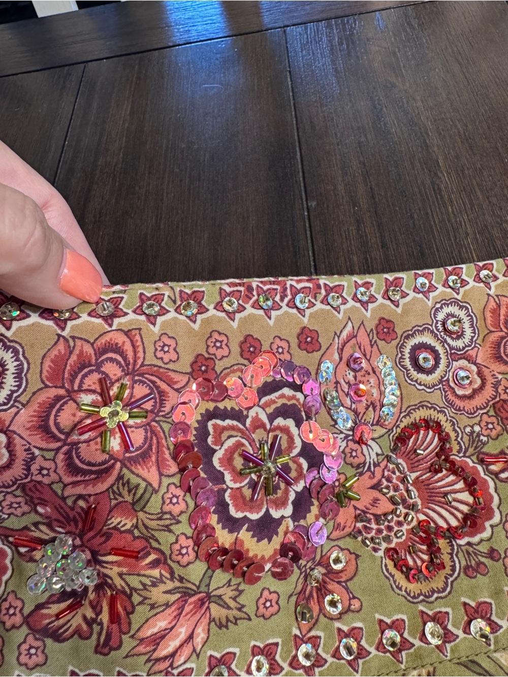 Chaudry KC Sample Embellished Floral Midi Skirt Olive Pink Beaded Boho Small NWT - Picture 10 of 14